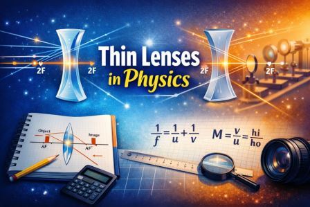 Cover image illustrating thin lenses in physics, showing convex and concave lenses with light rays, ray diagrams, lens formula (1/f = 1/u + 1/v), magnification formula (M = v/u), and optical instruments on a blue and orange background
